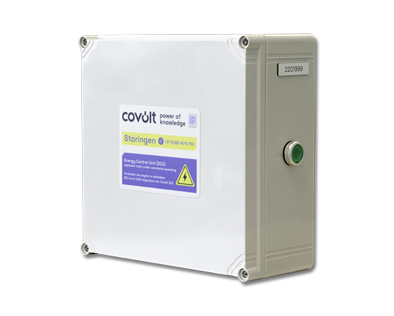 Witte metalen box met een sticker van Covolt erop met de contact gegevens van het bedrijf